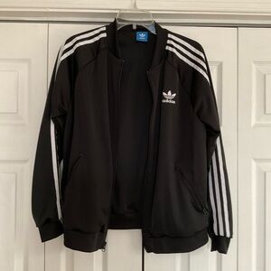 Adidas Men's Black Bomber Jacket with White Stripes